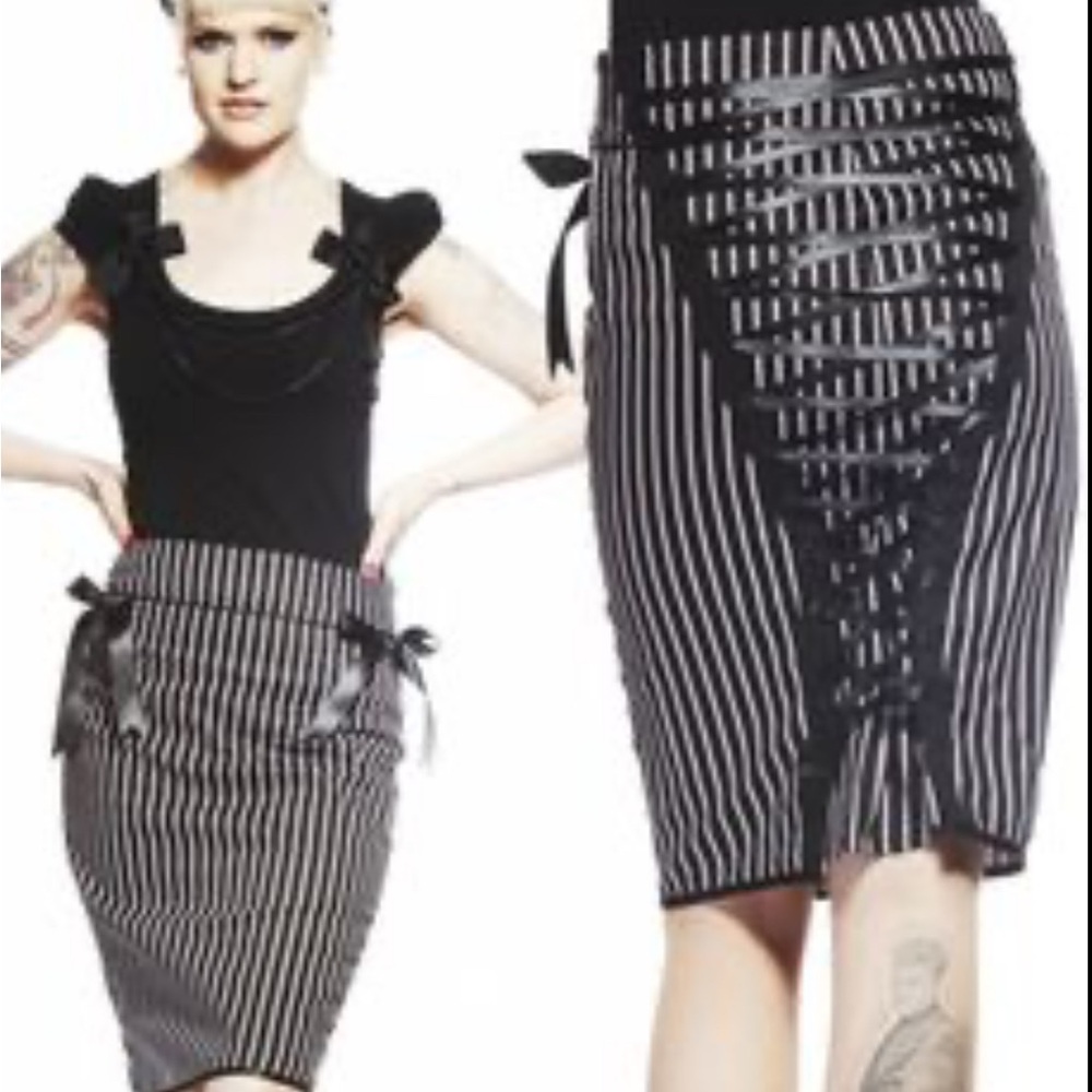 Hell Bunny Pink & Black Pencil Skirt with Bows and Corset Lacing